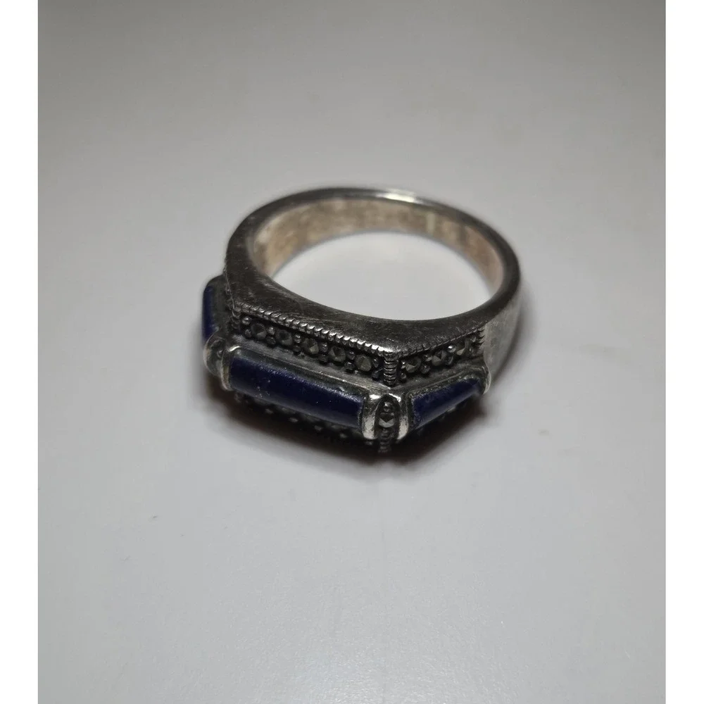 Vintage Art Deco Sterling Silver, Lapis Lazuli & Marcasite Statement Ring Size 6